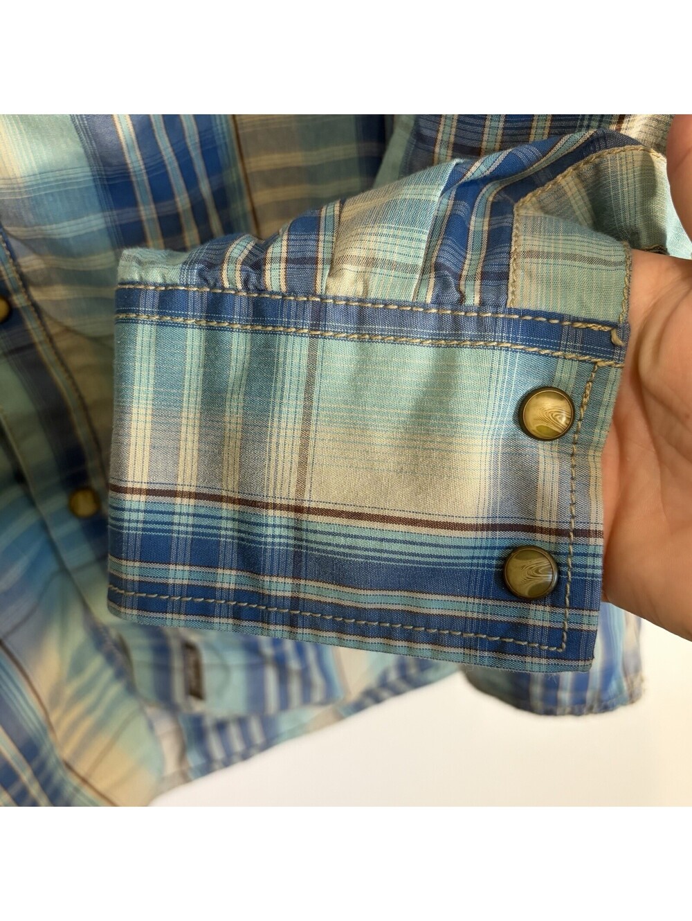 Wrangler Retro Men's L Blue Tan Plaid Woven Long Sleeve Button-Up Shirt - Picture 6 of 9